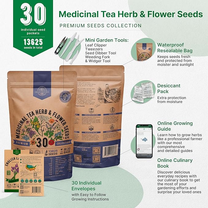 30 Medicinal Tea Herb & Flower Seeds Variety Pack - 13600+ Non-GMO Heirloom Flower Seeds for Outdoor and Indoor Home Gardening, Including Bergamot, Dill, Catnip, Calendula, Dandelion, Lovage, Zinnia