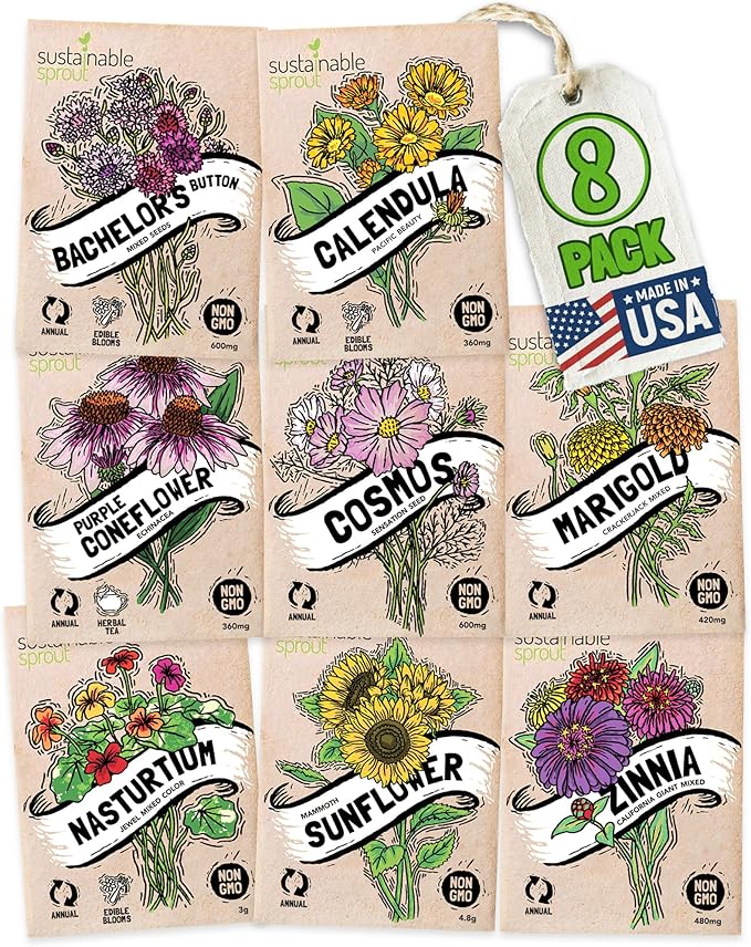 Seeds for Planting Flowers: 8 Bulk Variety Packets Zinnia, Nasturtium, Marigold, Purple Coneflower, Cosmos, Calendula, Bachelor's Button & Sunflower Seeds, Non GMO Flower Seeds by Sustainable Sprout