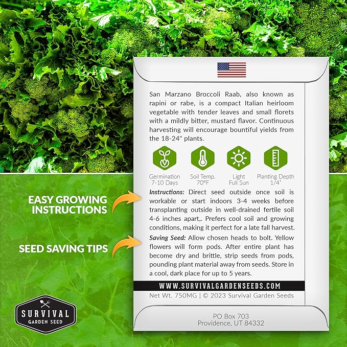 San Marzano Broccoli Raab Seed for Planting - 1 Seed Packet with Instructions to Plant & Grow Rabe or Rapini Broccoli in Your Home Vegetable Garden - Non-GMO Heirloom Variety - Survival Garden Seeds