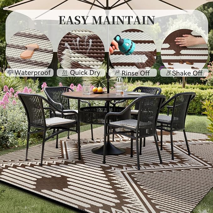 MontVoo Outdoor Rug-Waterproof Patio Rug Mat 5x8 Outdoor Carpet Mat Reversible Plastic Straw Outside Outdoor Rug for RV Camping Picnic Balcony Backyard Pool Deck Porch Modern Boho Beige Brown