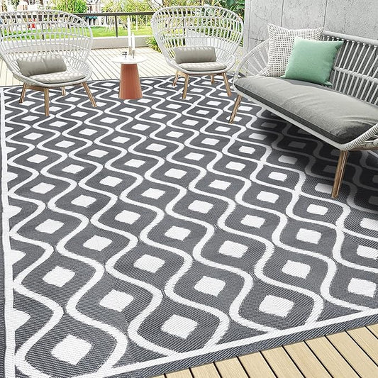 Pauwer Waterproof Outdoor Rug 8x10, Reversible Plastic Straw Patio Camping Rug, Indoor Outdoor RV Mat Carpet for Deck, Camper, Porch, Balcony, Backyard, Picnic, Geometric Grey