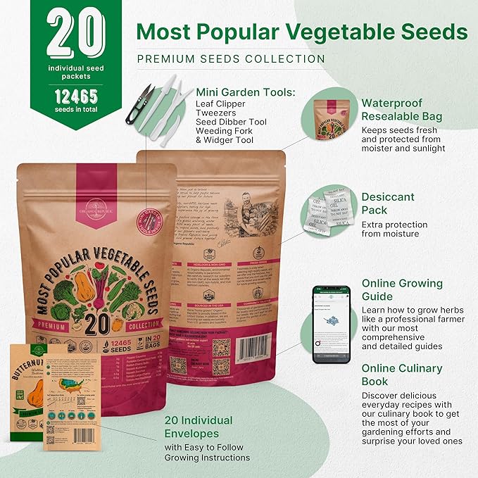 20 Vegetable Seeds Variety Pack - 12465+ Non-GMO Heirloom Seeds for Planting Vegetables and Fruits in Individual Seed Packets, Home Survival Garden Seeds for Hydroponic, Indoor and Outdoors Gardening