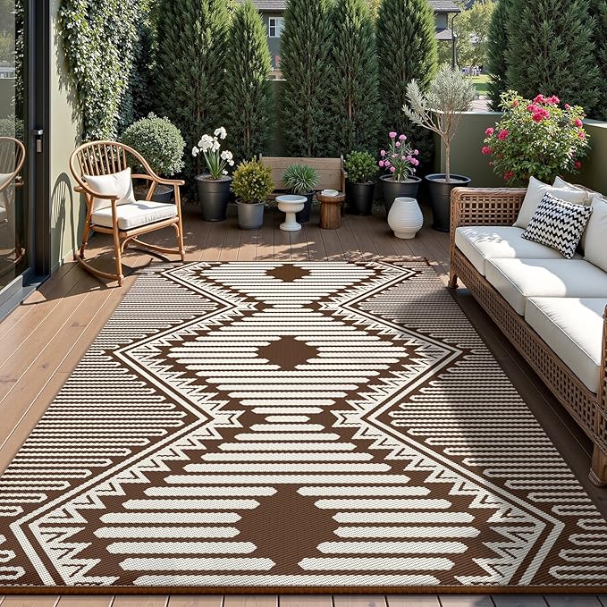 MontVoo Outdoor Rug-Waterproof Camping Rug Patio Rug Mat 6x9 Reversible Plastic Straw Outside Outdoor Rug for RV Camping Picnic Balcony Backyard Pool Deck Porch Modern Boho Beige Brown