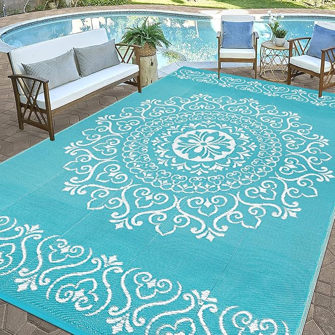 Pauwer Waterproof Outdoor Rug 8x10, Reversible Plastic Straw Patio Camping Rug, Indoor Outdoor RV Mat Carpet for Deck, Camper, Porch, Balcony, Backyard, Picnic, Floral Teal