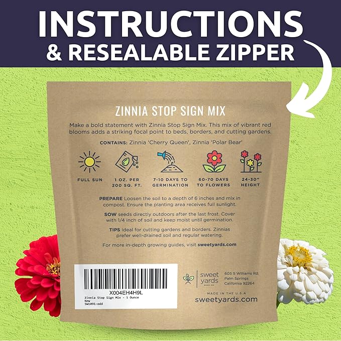Zinnia Stop Sign Mix - Large 1 Ounce Packet - 4,000 Flower Seeds for Planting - Zinnia elegans