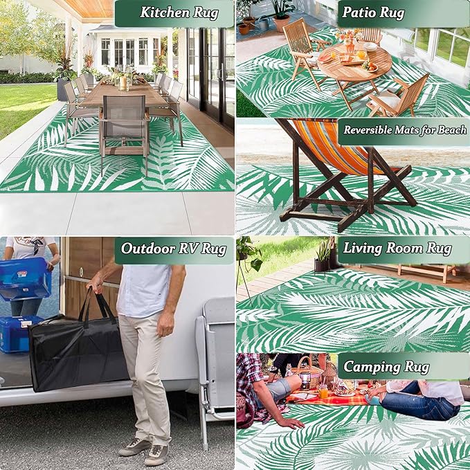 Outdoor Rug 8'x10' Waterproof for Patios Clearance, Reversible Outdoor Plastic Straw Rug Camping Carpet, Outside Floor Mats Large Area Rugs for RV,Patio,Deck,Porch, Beach,Balcony,Green&White
