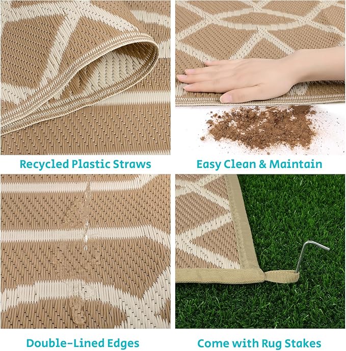 HEBE Outdoor Rug Waterproof 6x9, Reversible Plastic Straw Rug RV Camping Rug, Indoor Outdoor Patio Mat Clearance, Outside Carpet for Porch,Deck,Camper,Balcony,Backyard,Picnic