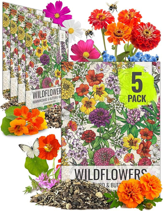 Seed Needs Wildflower Seeds Hummingbird and Butterfly Seed Mix | 5 Packs (1 Ounce Each) No Filler 23 Varieties Garden Seeds Annual & Perennial Species | Pollinator Attracting Flower Seed | Bulk