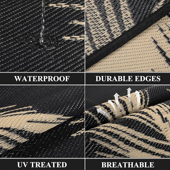 Pauwer Waterproof Outdoor Rug 8x10, Reversible Plastic Straw Patio Camping Rug, Indoor Outdoor RV Mat Carpet for Deck, Camper, Porch, Balcony, Backyard, Picnic, Leaf Black Brown