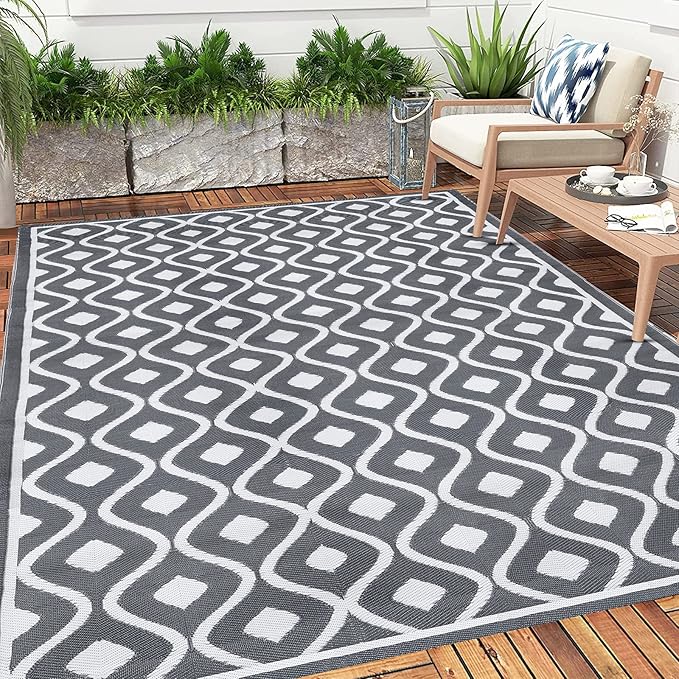 Pauwer Reversible Outdoor Rug, 9'x12', Waterproof, Polypropylene, Moroccan Grey, Area Rug for Patio, RV, Camping, Picnic, Backyard, Deck, Balcony, Porch