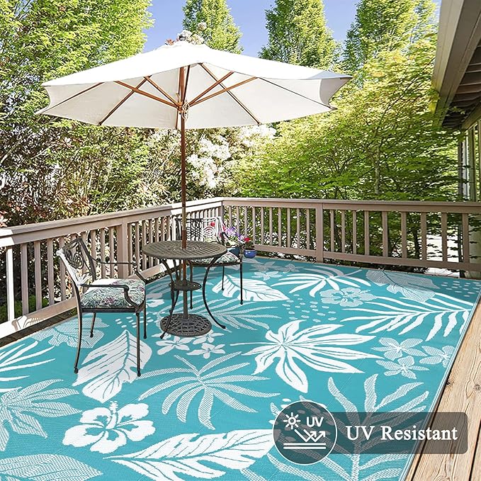 Pauwer Waterproof Outdoor Rug 8x10, Reversible Plastic Straw Patio Camping Rug, Indoor Outdoor RV Mat Carpet for Deck, Camper, Porch, Balcony, Backyard, Picnic, Floral Teal